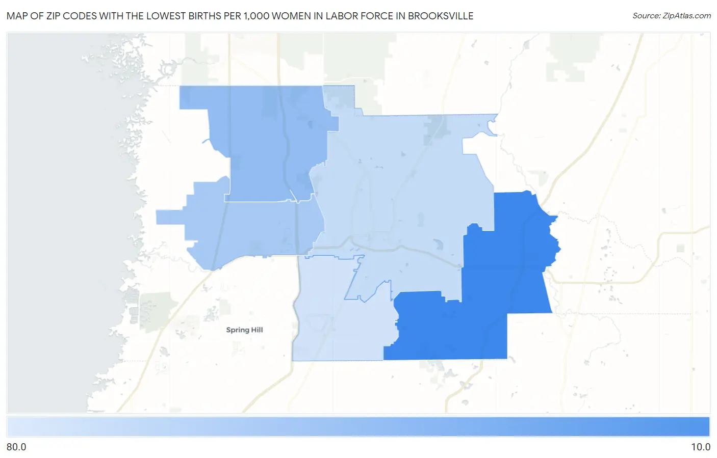 Zip Codes with the Lowest Births per 1,000 Women in Labor Force in Brooksville Map