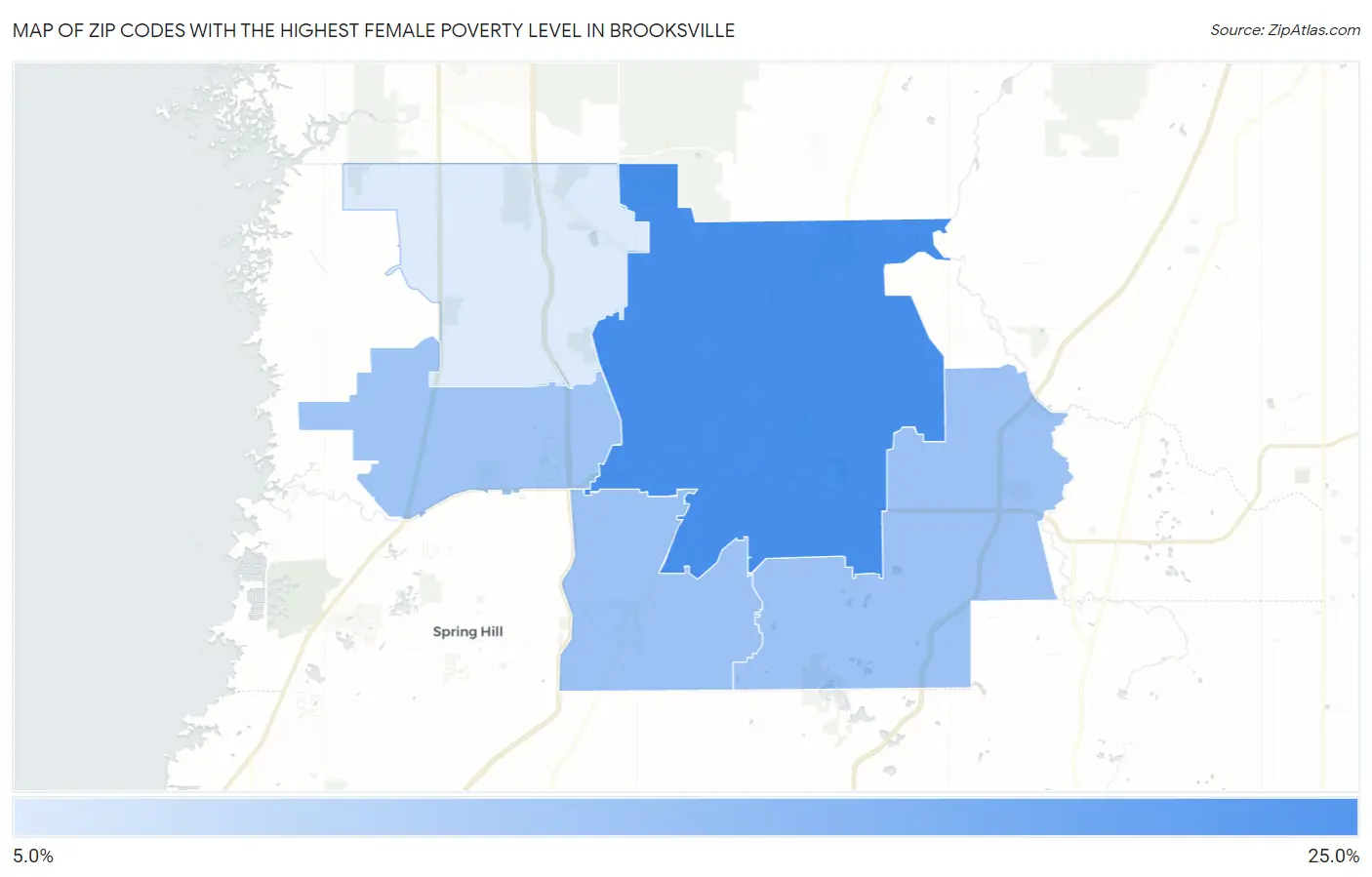Zip Codes with the Highest Female Poverty Level in Brooksville Map