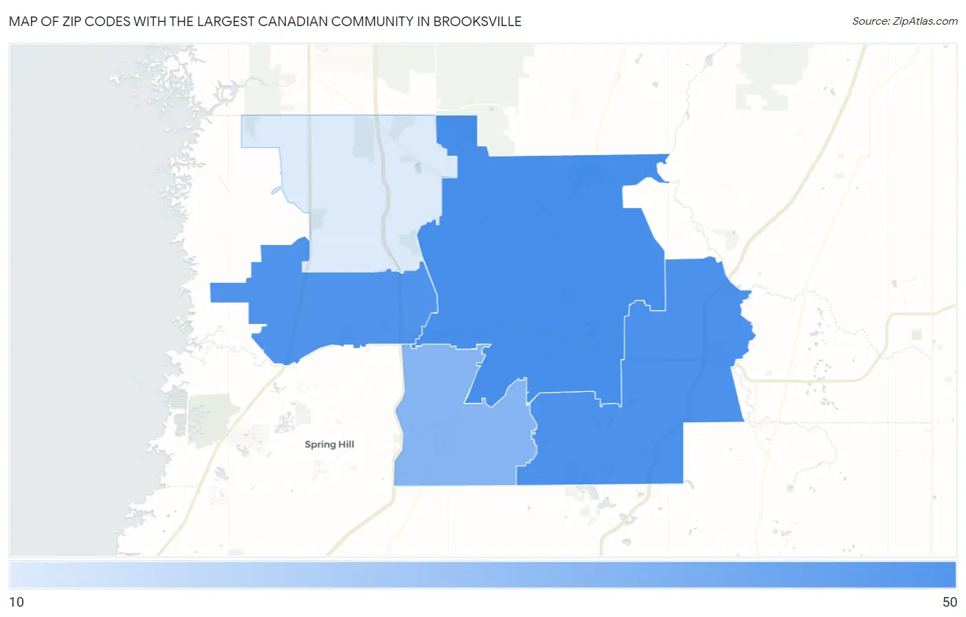 Zip Codes with the Largest Canadian Community in Brooksville Map
