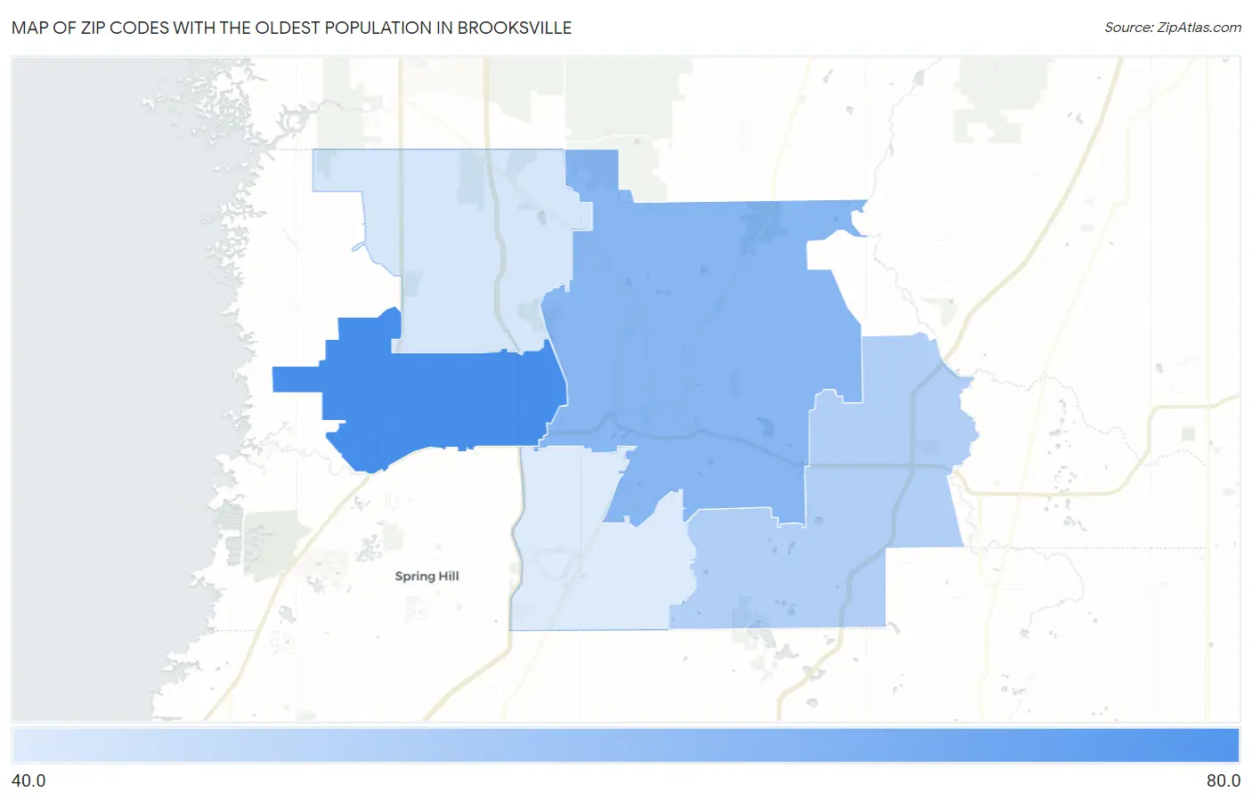Zip Codes with the Oldest Population in Brooksville Map