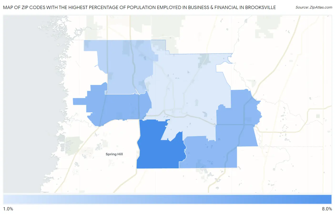 Zip Codes with the Highest Percentage of Population Employed in Business & Financial in Brooksville Map