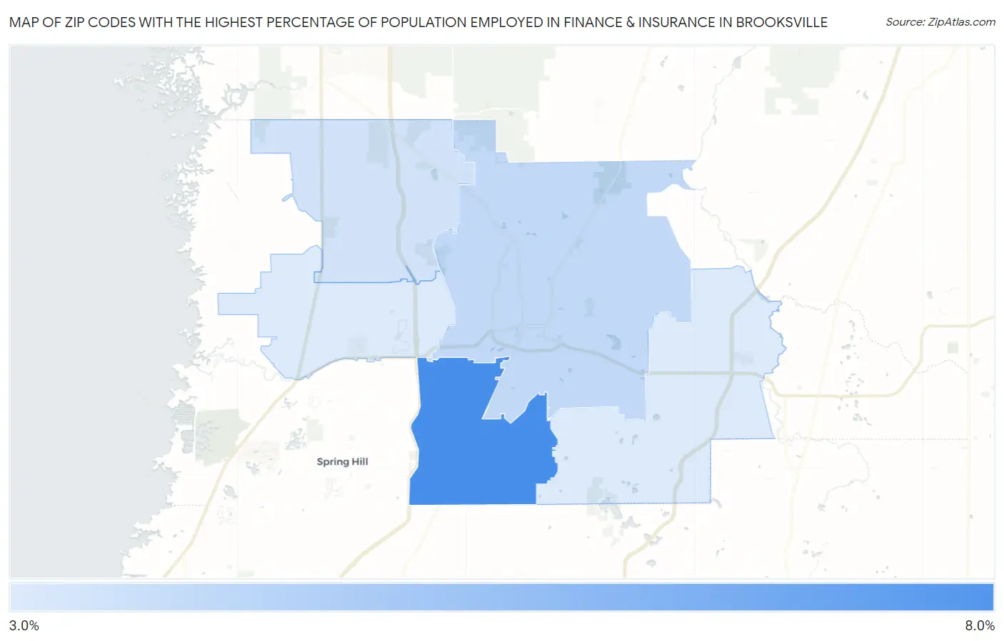 Zip Codes with the Highest Percentage of Population Employed in Finance & Insurance in Brooksville Map