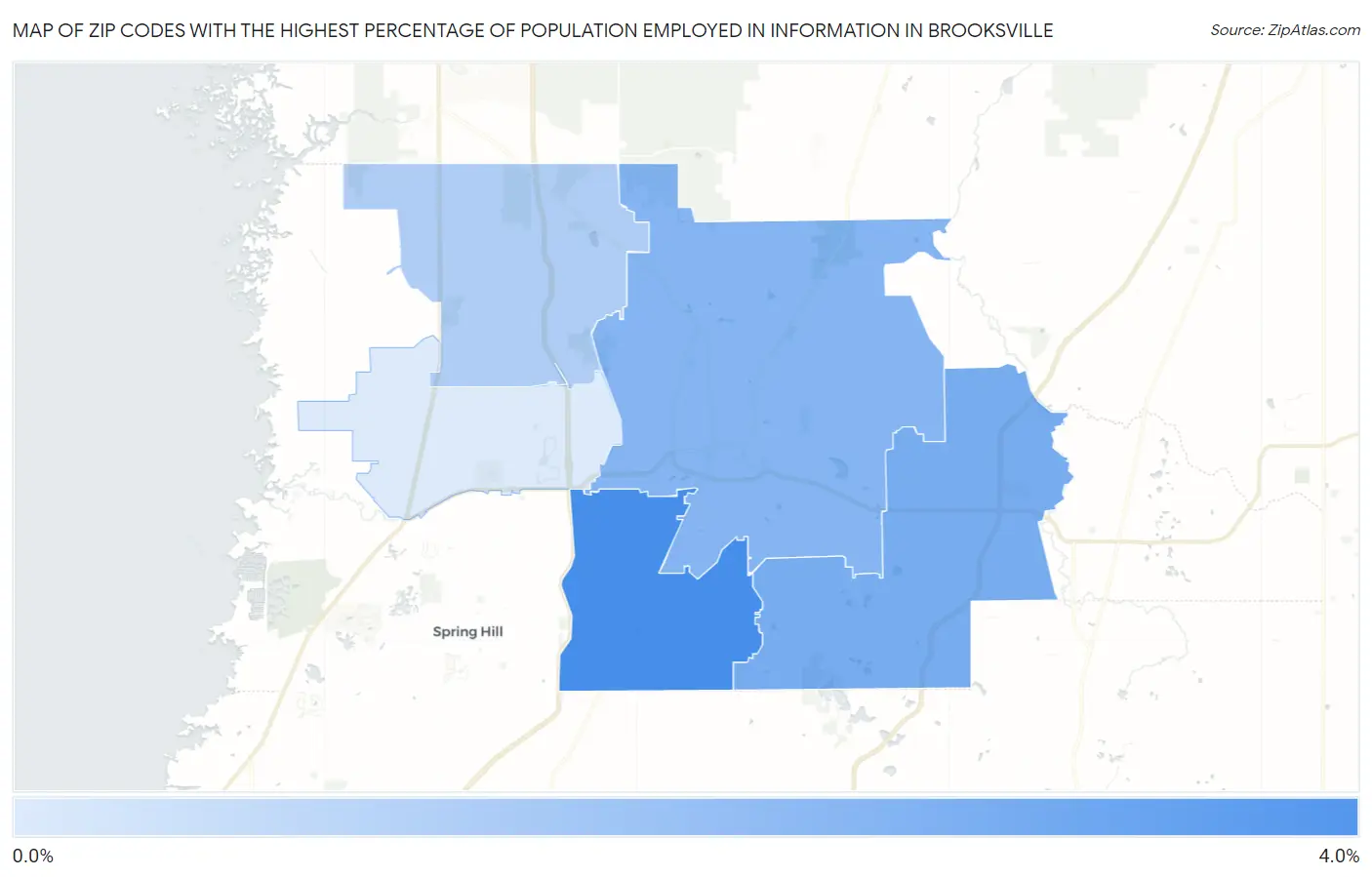 Zip Codes with the Highest Percentage of Population Employed in Information in Brooksville Map