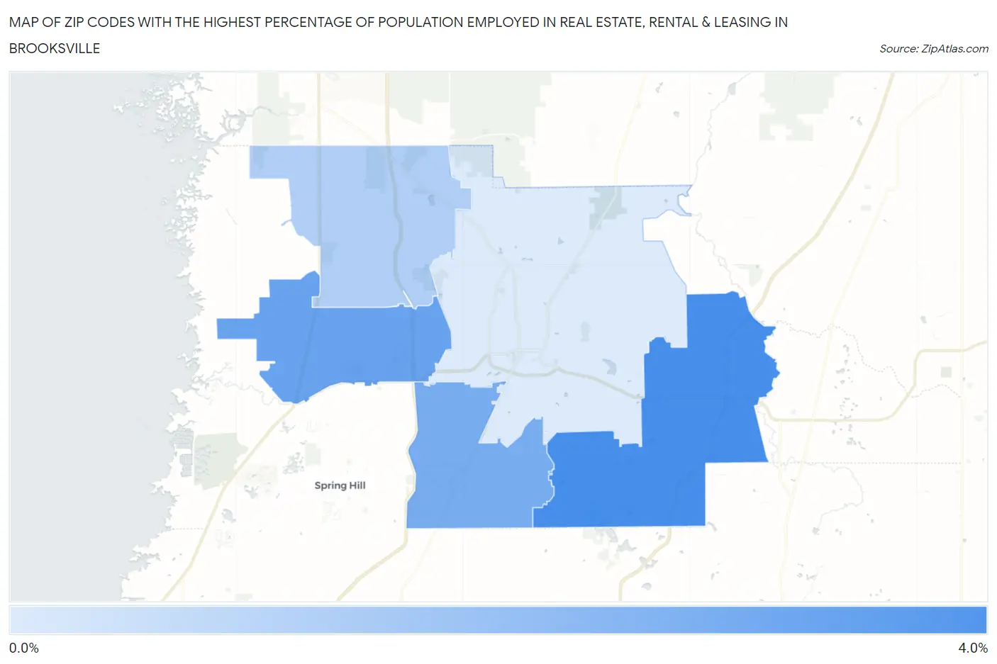 Zip Codes with the Highest Percentage of Population Employed in Real Estate, Rental & Leasing in Brooksville Map