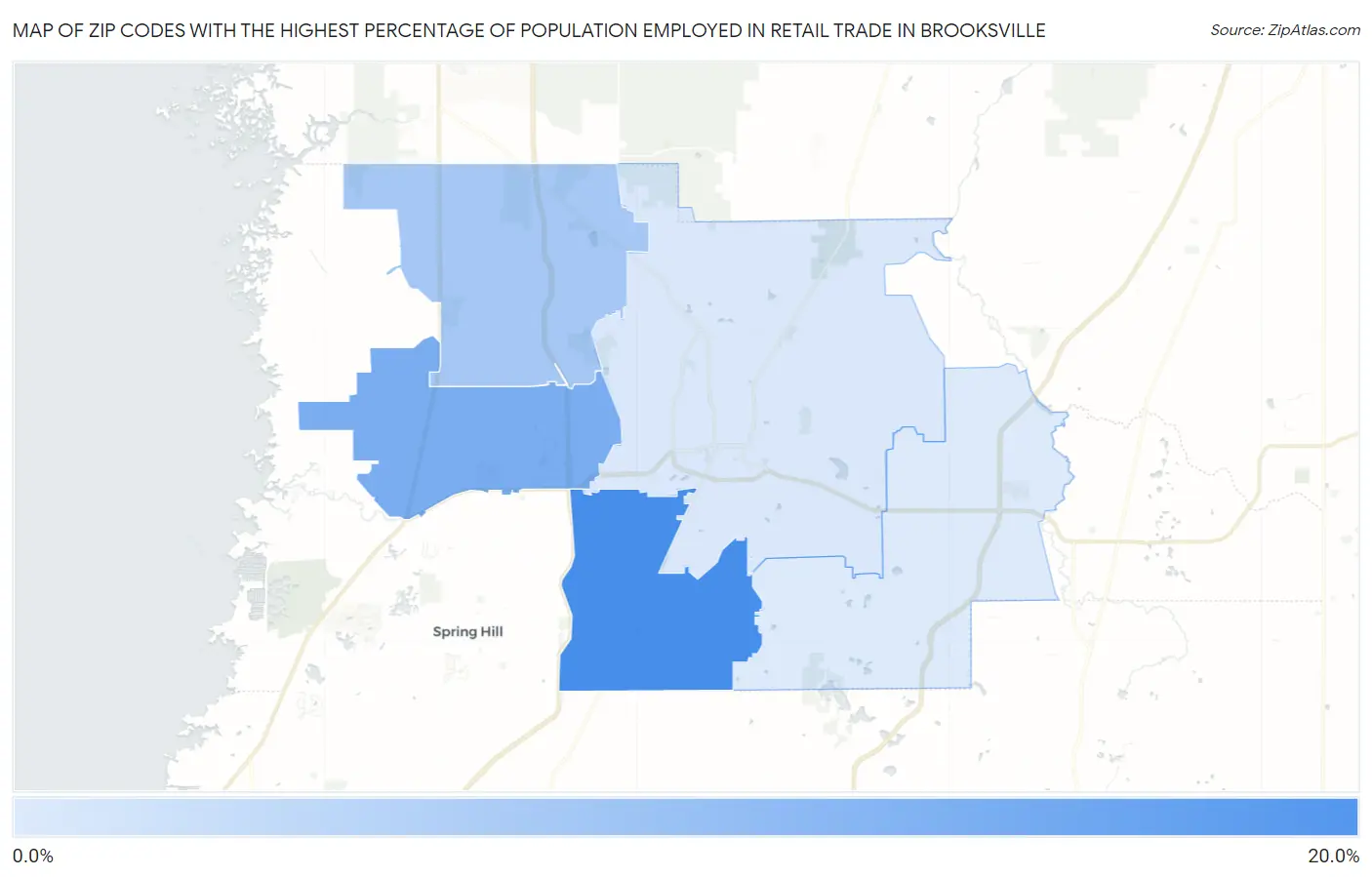 Zip Codes with the Highest Percentage of Population Employed in Retail Trade in Brooksville Map