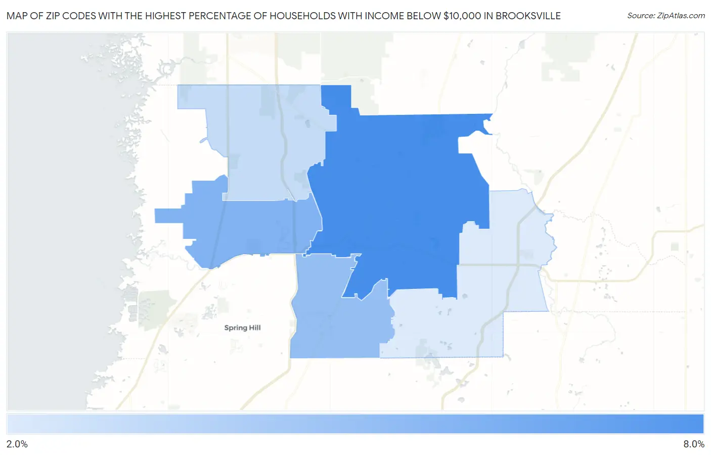 Zip Codes with the Highest Percentage of Households with Income Below $10,000 in Brooksville Map