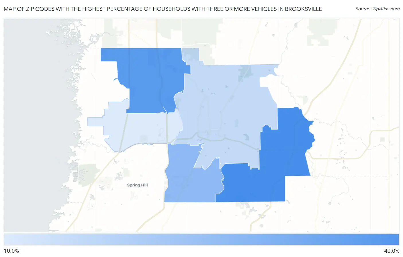 Zip Codes with the Highest Percentage of Households With Three or more Vehicles in Brooksville Map
