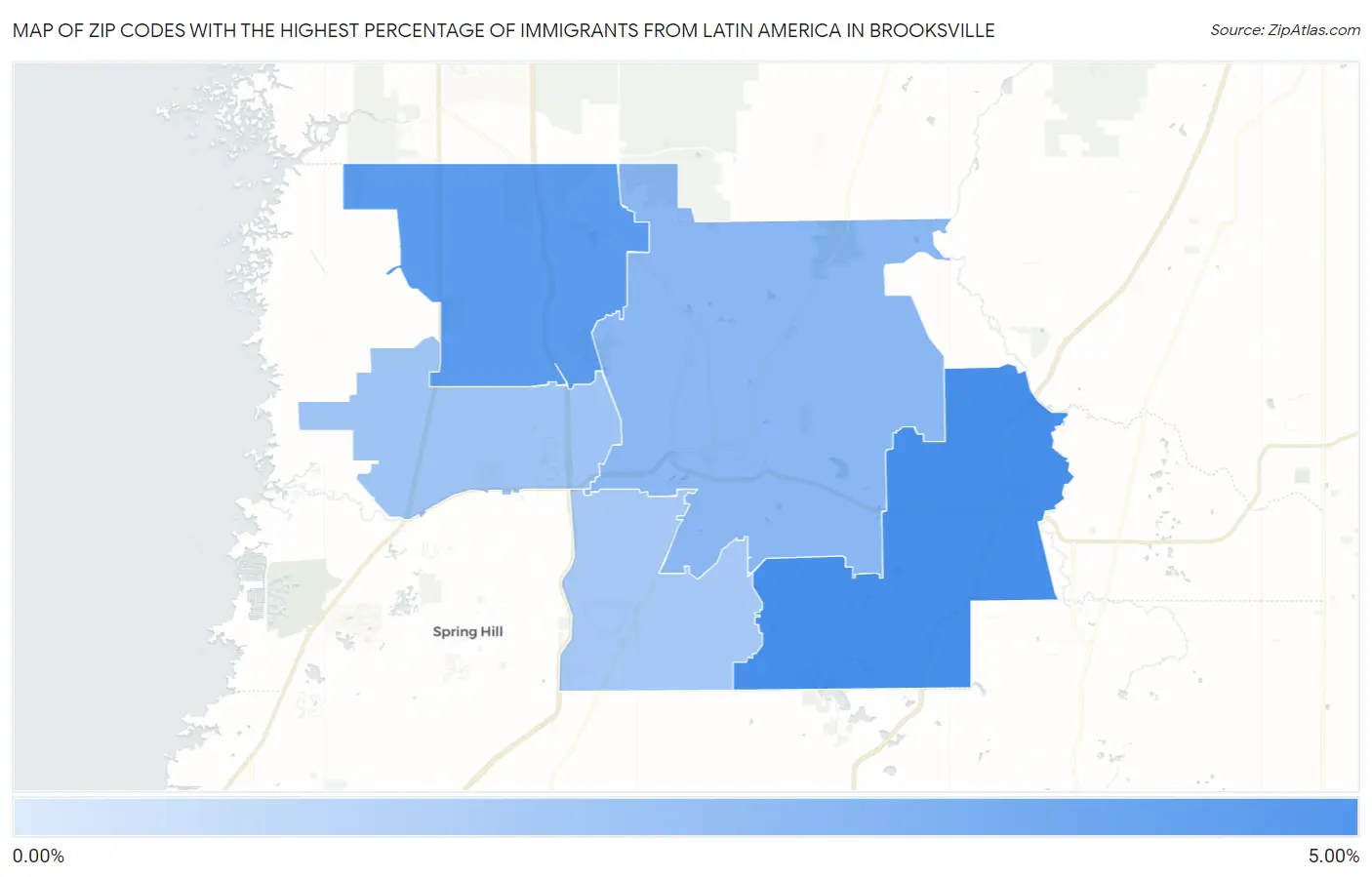 Zip Codes with the Highest Percentage of Immigrants from Latin America in Brooksville Map
