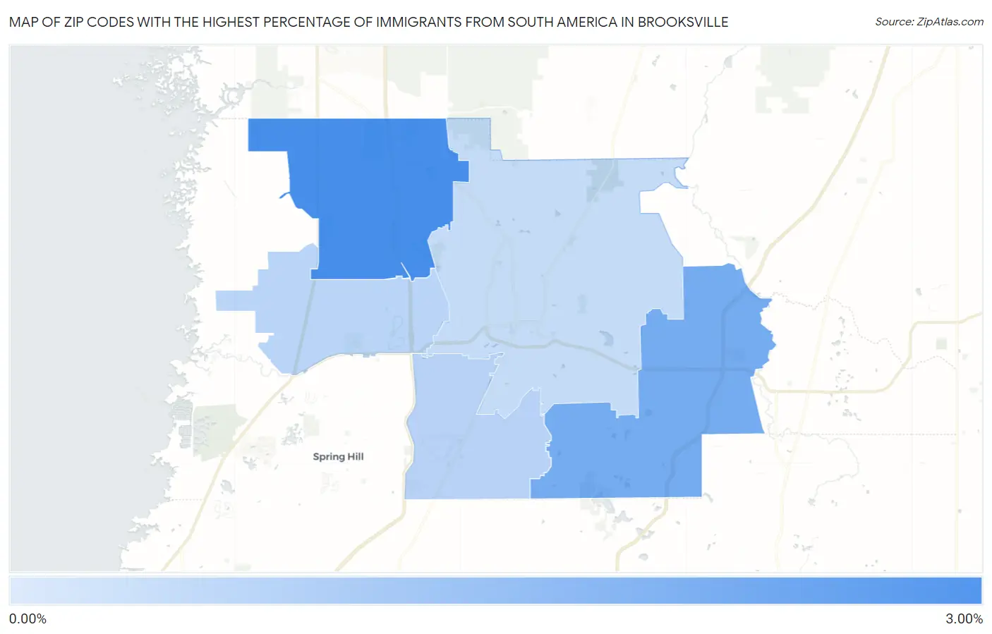 Zip Codes with the Highest Percentage of Immigrants from South America in Brooksville Map