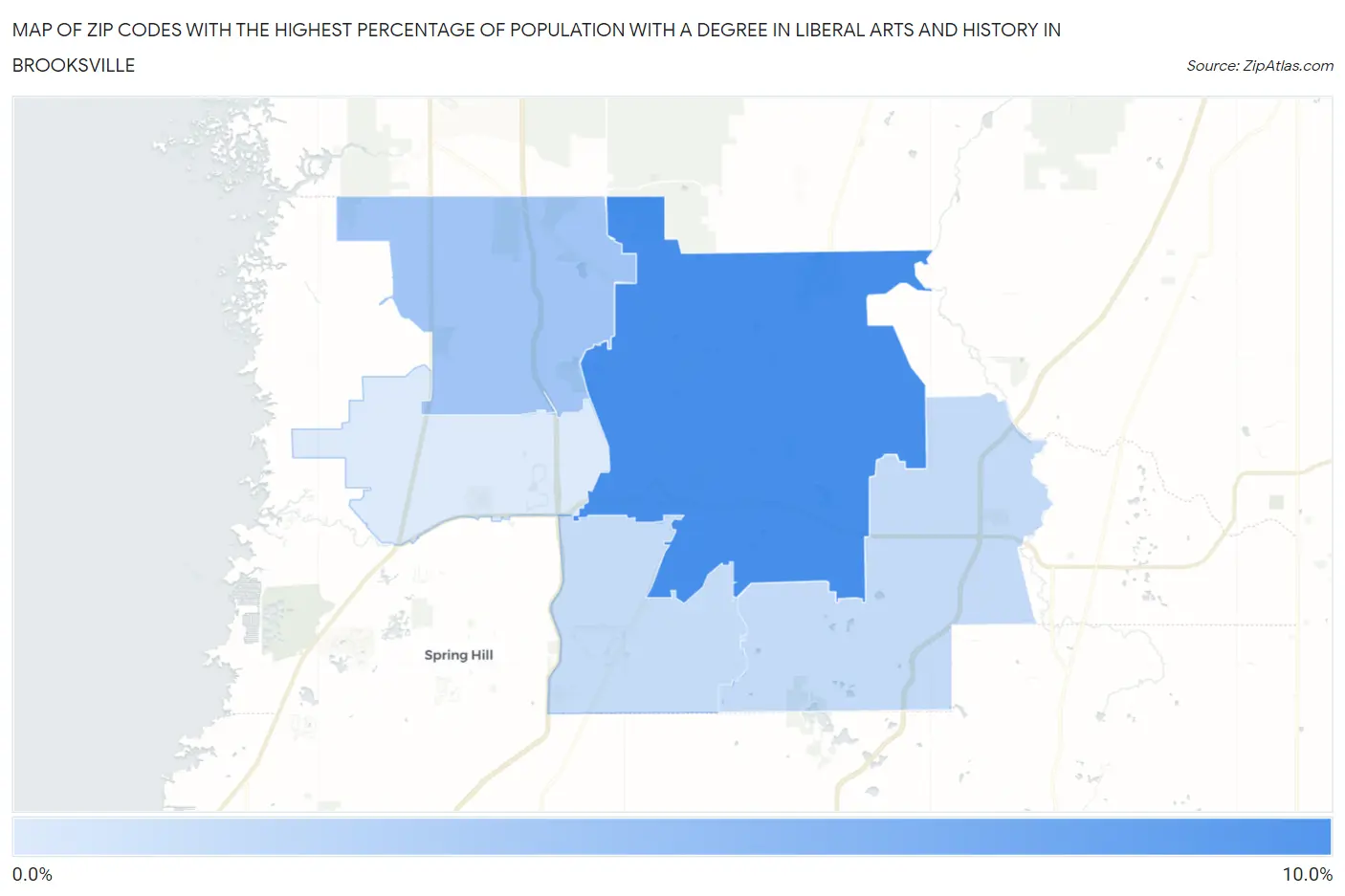 Zip Codes with the Highest Percentage of Population with a Degree in Liberal Arts and History in Brooksville Map