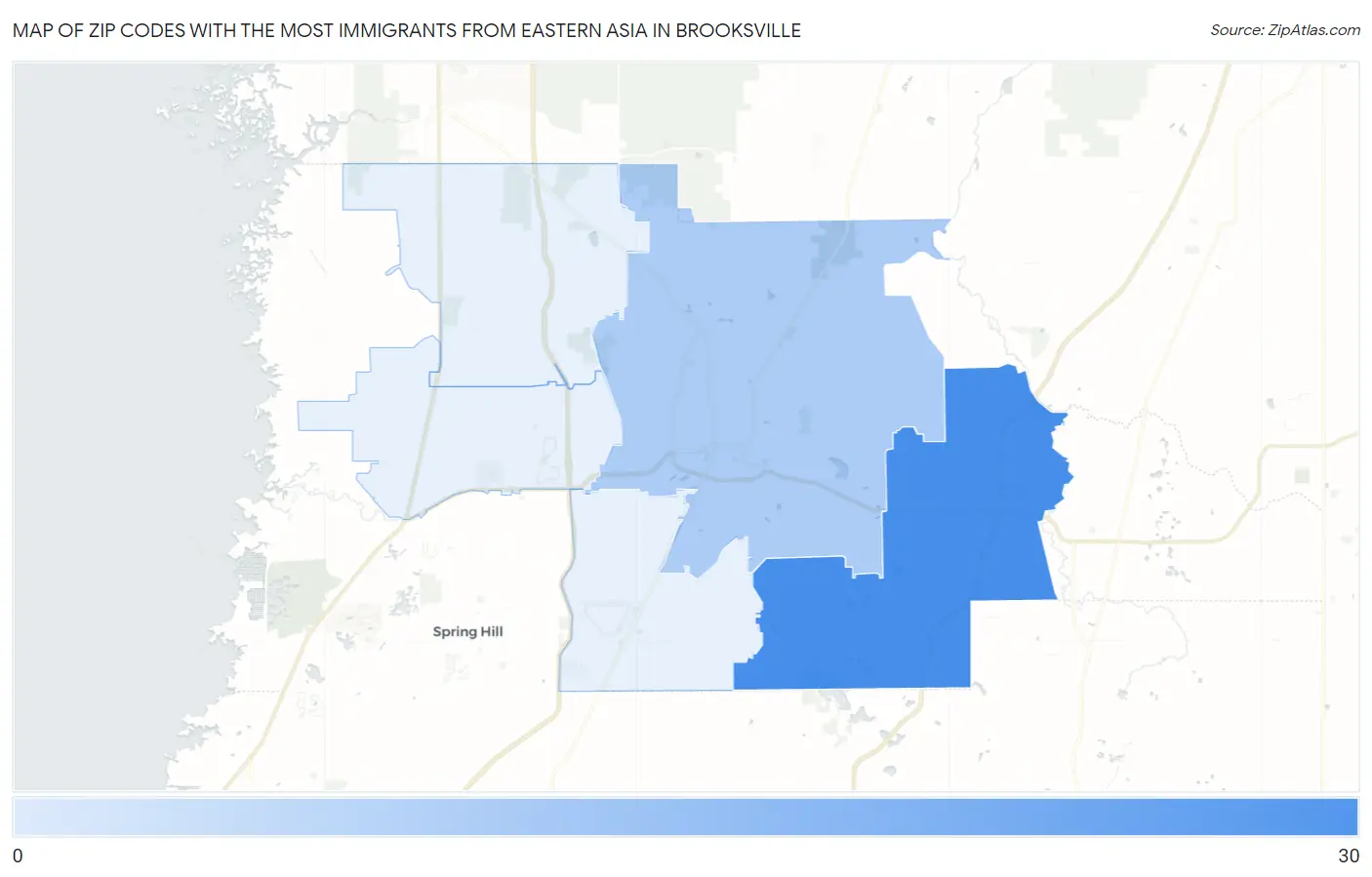 Zip Codes with the Most Immigrants from Eastern Asia in Brooksville Map