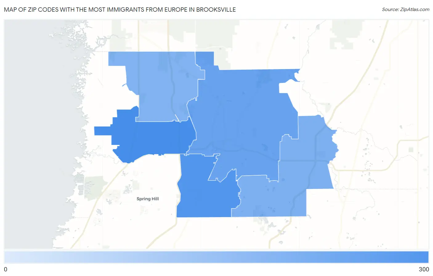 Zip Codes with the Most Immigrants from Europe in Brooksville Map