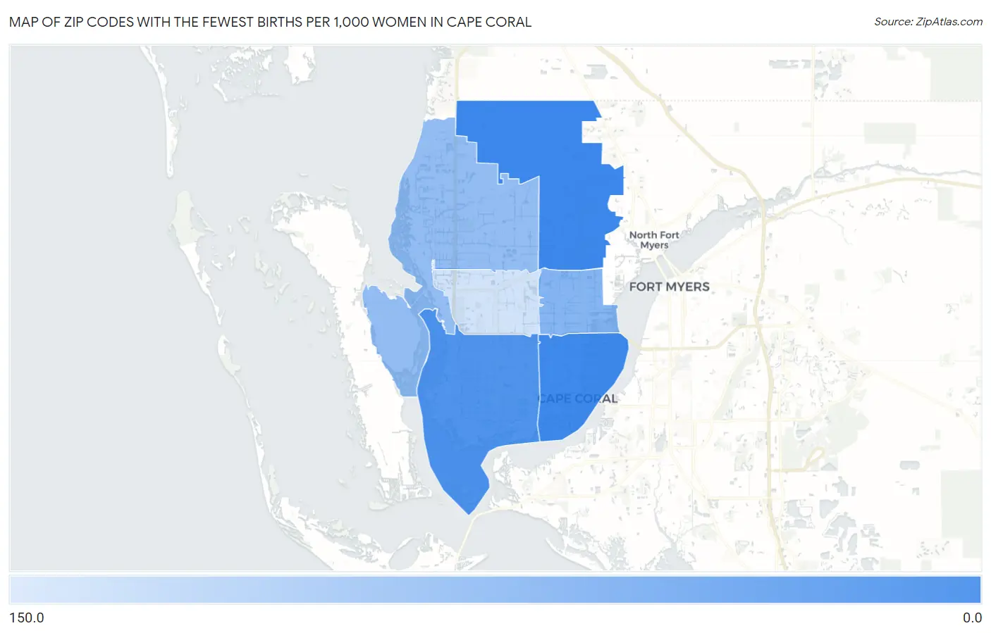 Zip Codes with the Fewest Births per 1,000 Women in Cape Coral Map