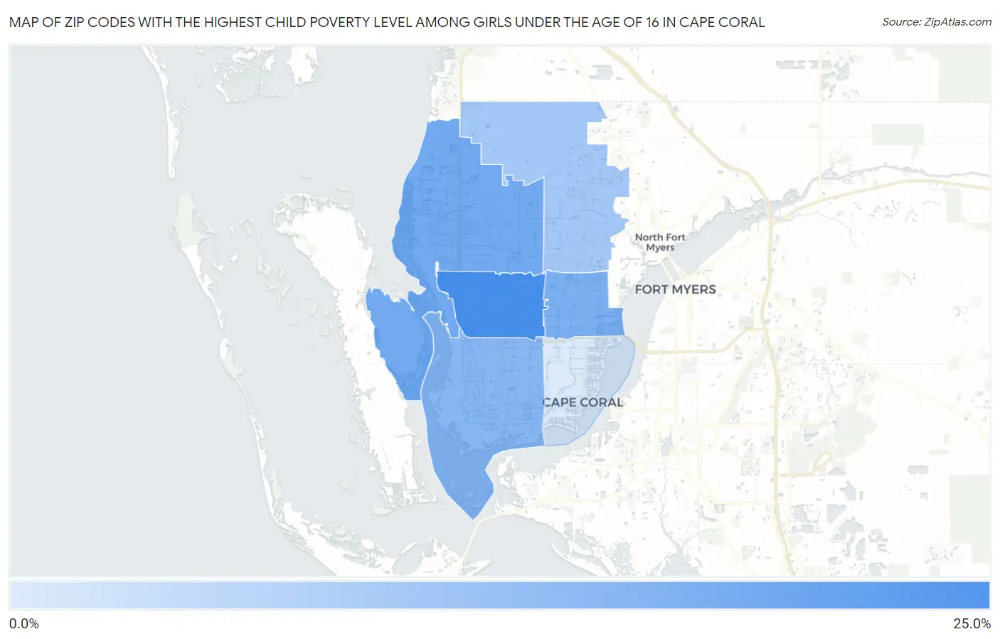 Zip Codes with the Highest Child Poverty Level Among Girls Under the Age of 16 in Cape Coral Map