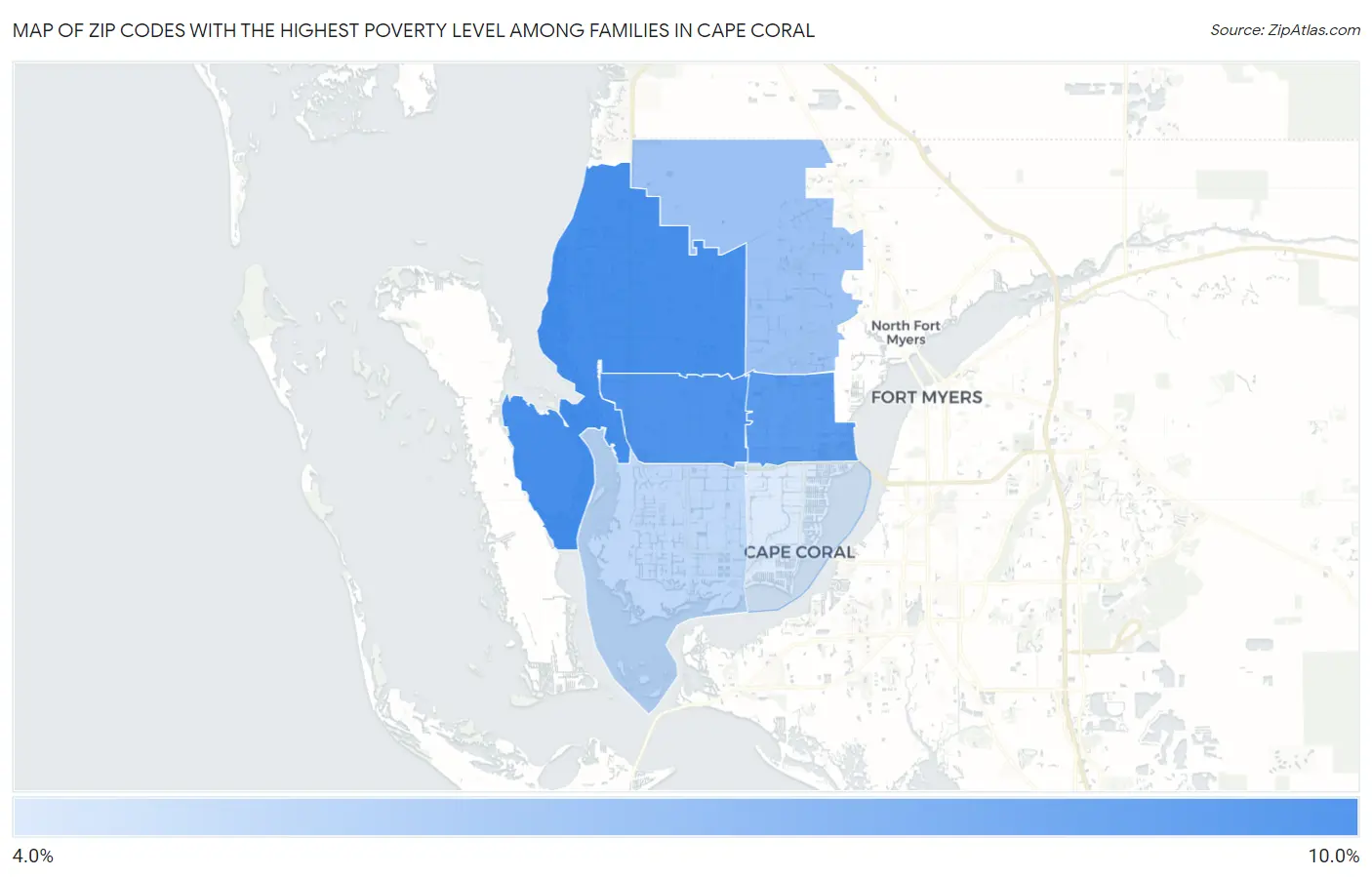 Zip Codes with the Highest Poverty Level Among Families in Cape Coral Map