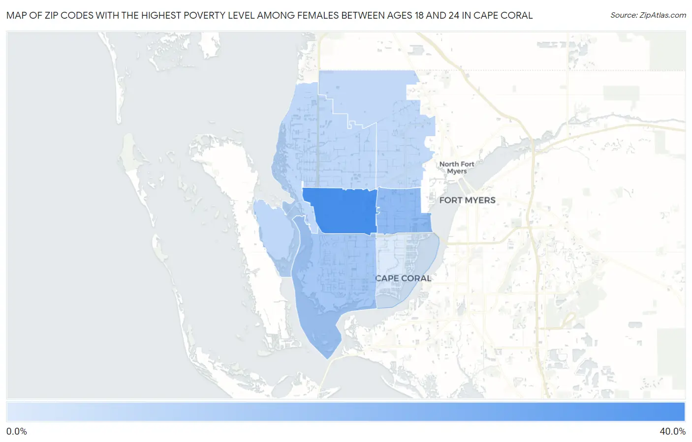 Zip Codes with the Highest Poverty Level Among Females Between Ages 18 and 24 in Cape Coral Map
