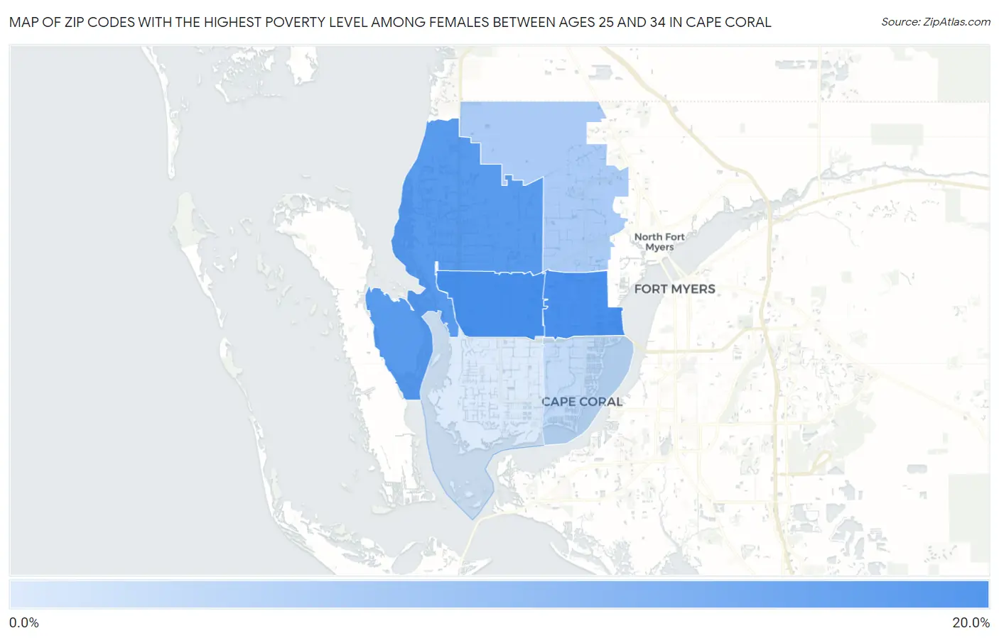 Zip Codes with the Highest Poverty Level Among Females Between Ages 25 and 34 in Cape Coral Map