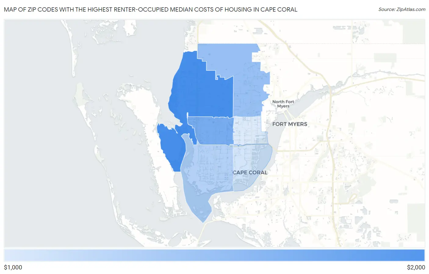 Zip Codes with the Highest Renter-Occupied Median Costs of Housing in Cape Coral Map