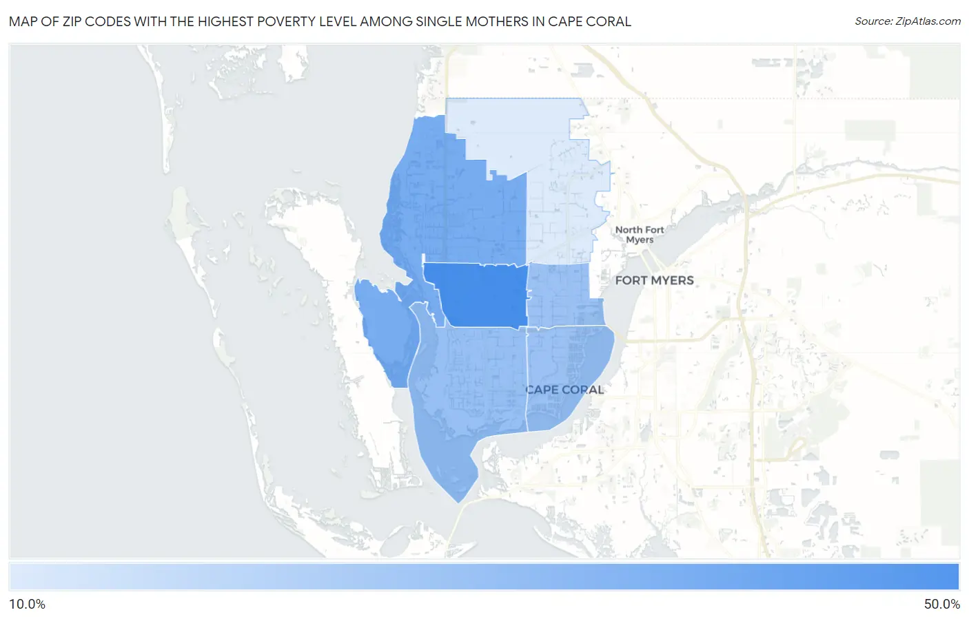 Zip Codes with the Highest Poverty Level Among Single Mothers in Cape Coral Map