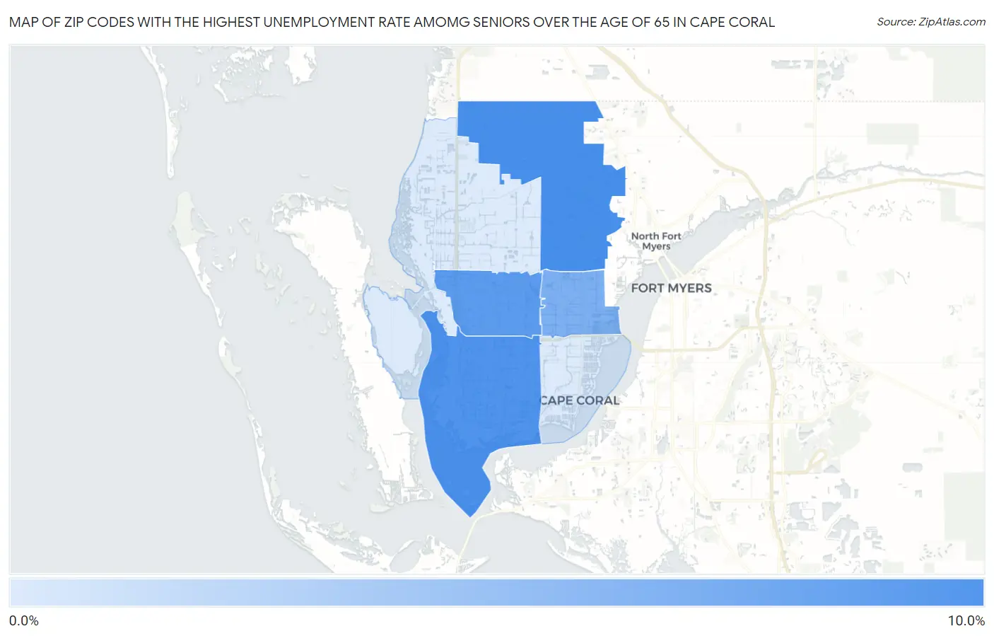 Zip Codes with the Highest Unemployment Rate Amomg Seniors Over the Age of 65 in Cape Coral Map