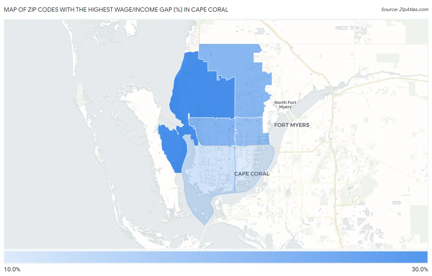 Zip Codes with the Highest Wage/Income Gap (%) in Cape Coral Map