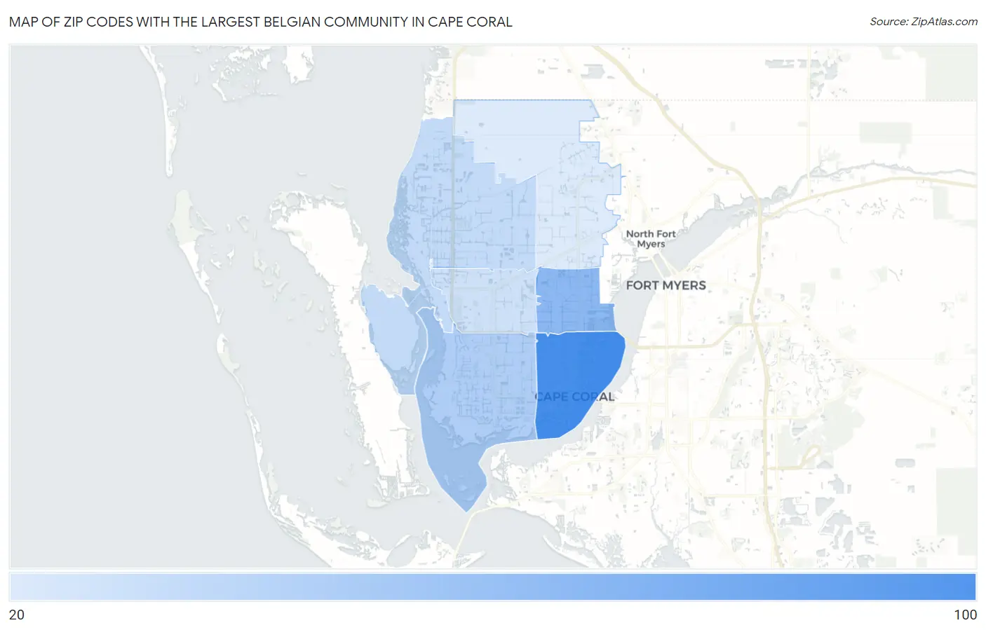 Zip Codes with the Largest Belgian Community in Cape Coral Map