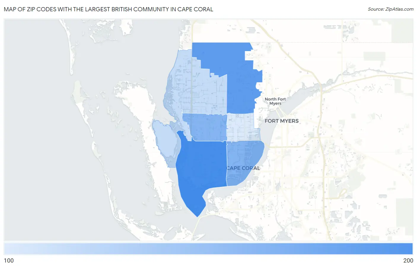Zip Codes with the Largest British Community in Cape Coral Map