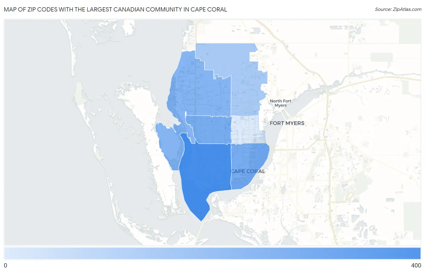 Zip Codes with the Largest Canadian Community in Cape Coral Map