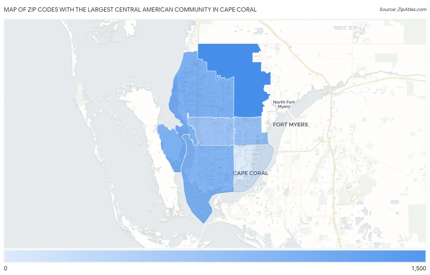 Zip Codes with the Largest Central American Community in Cape Coral Map