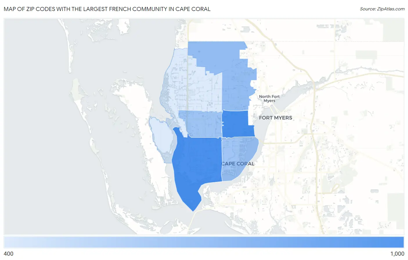 Zip Codes with the Largest French Community in Cape Coral Map