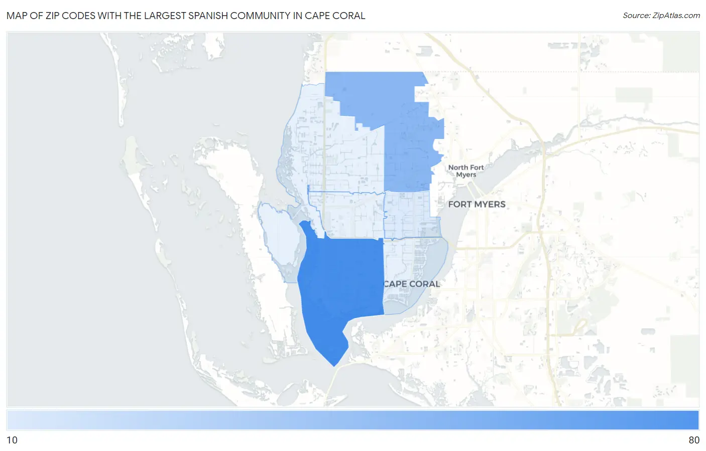 Zip Codes with the Largest Spanish Community in Cape Coral Map