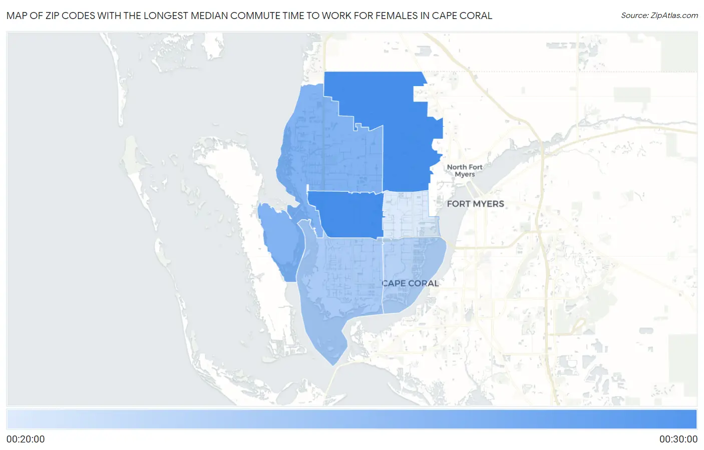 Zip Codes with the Longest Median Commute Time to Work for Females in Cape Coral Map