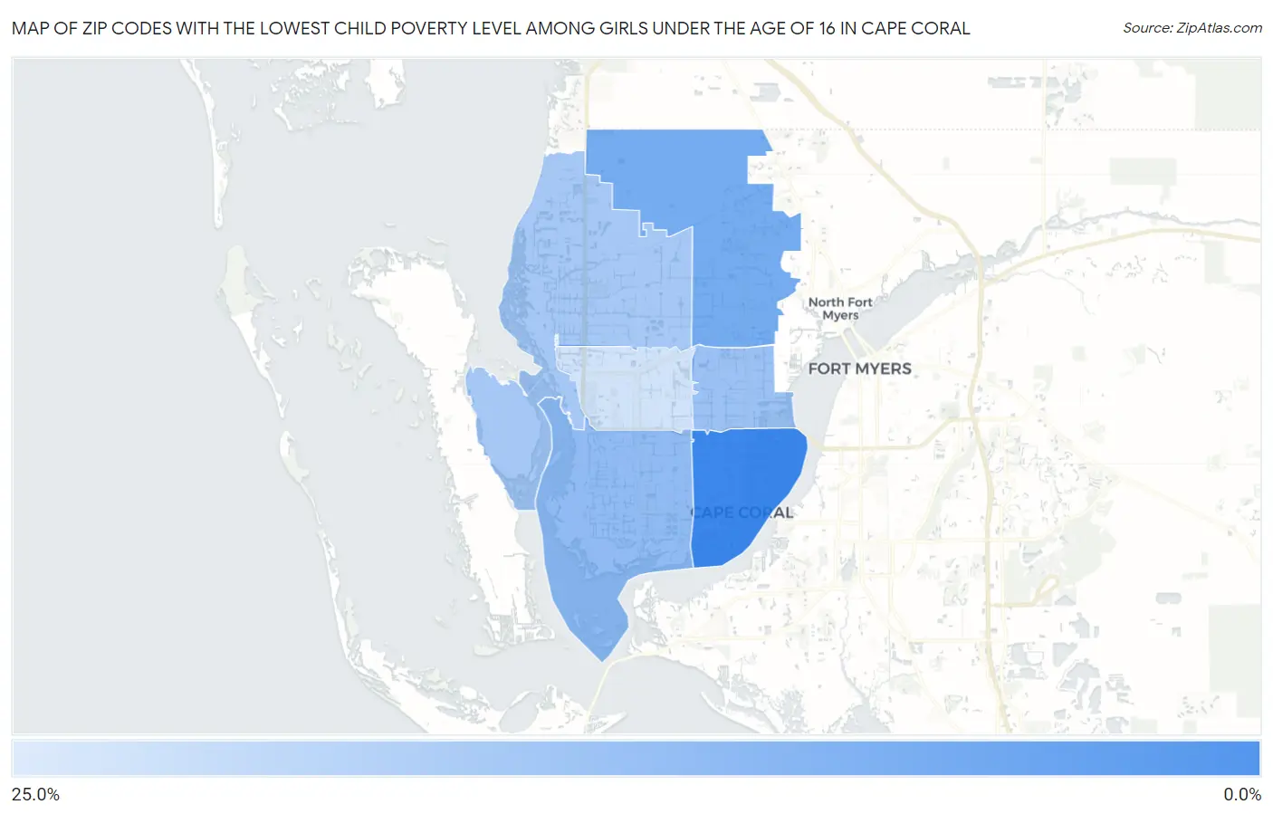 Zip Codes with the Lowest Child Poverty Level Among Girls Under the Age of 16 in Cape Coral Map