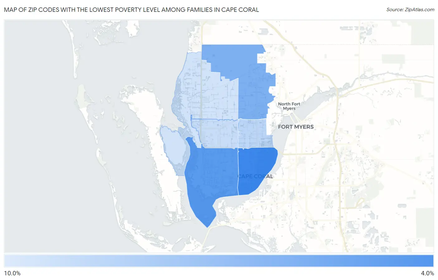 Zip Codes with the Lowest Poverty Level Among Families in Cape Coral Map