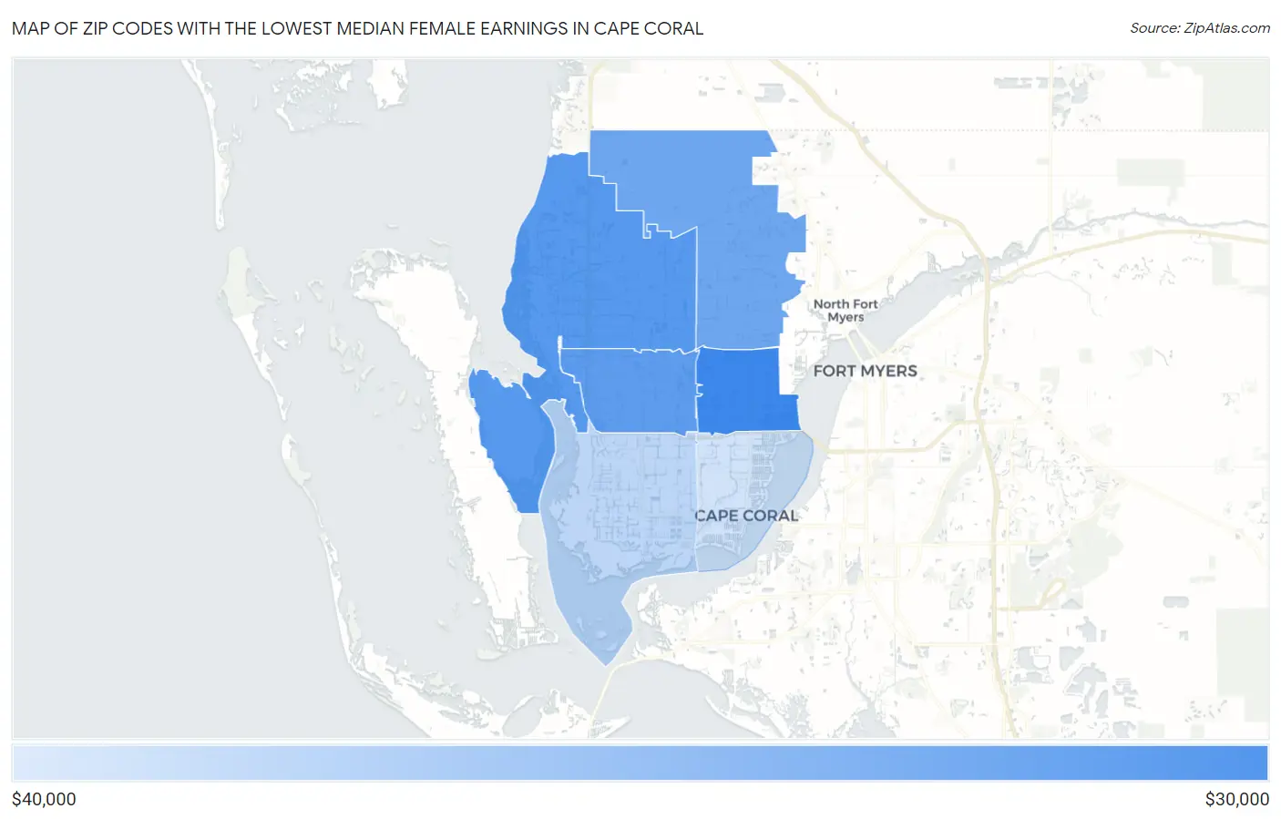 Zip Codes with the Lowest Median Female Earnings in Cape Coral Map