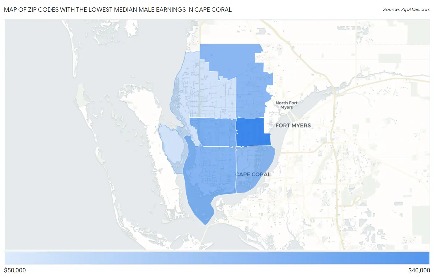 Zip Codes with the Lowest Median Male Earnings in Cape Coral Map
