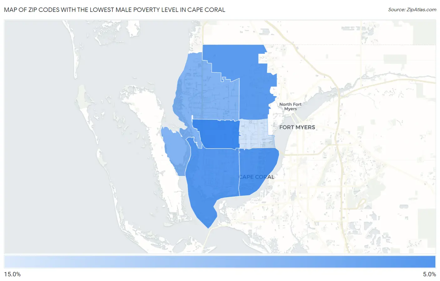 Zip Codes with the Lowest Male Poverty Level in Cape Coral Map
