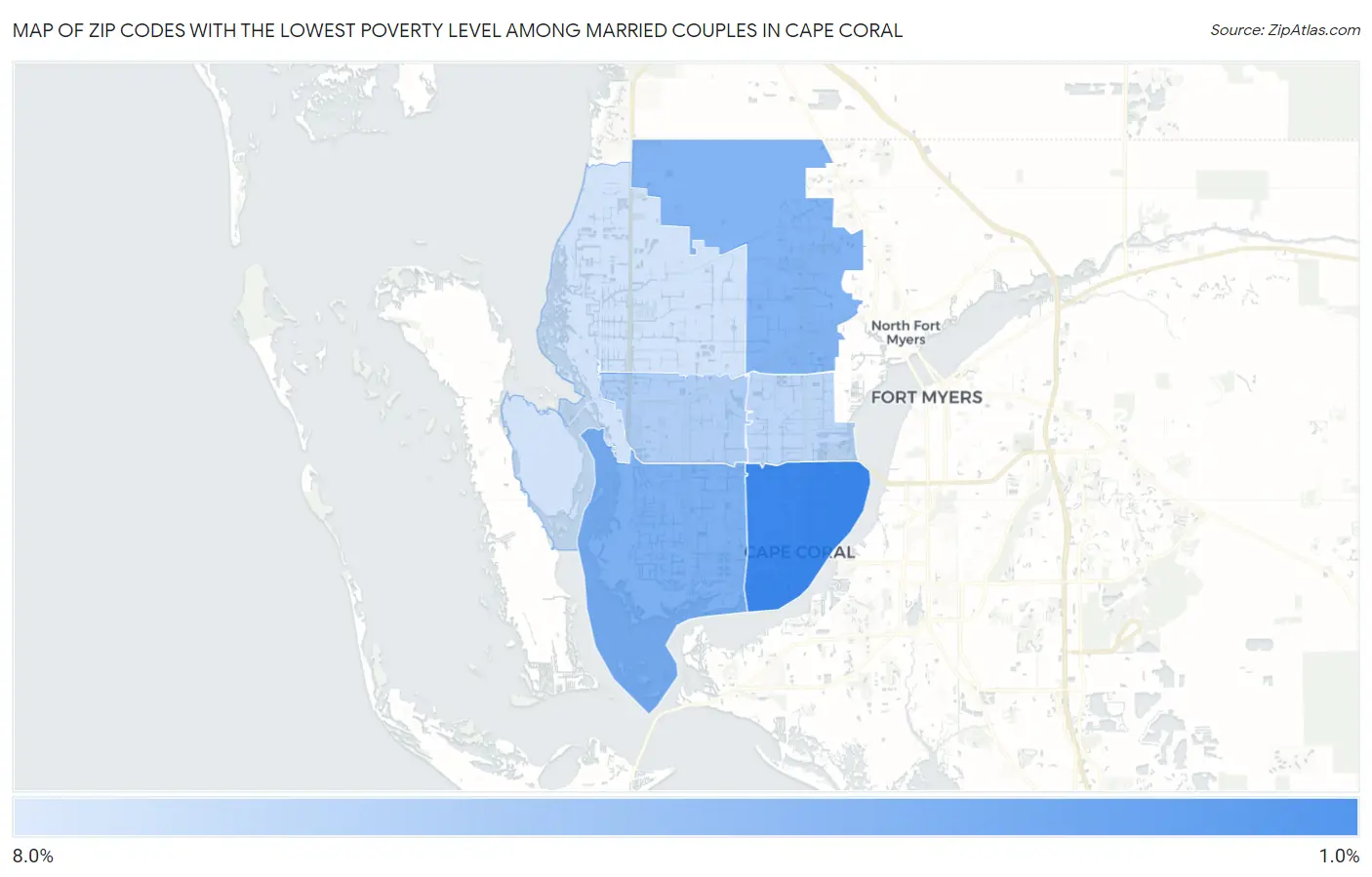 Zip Codes with the Lowest Poverty Level Among Married Couples in Cape Coral Map