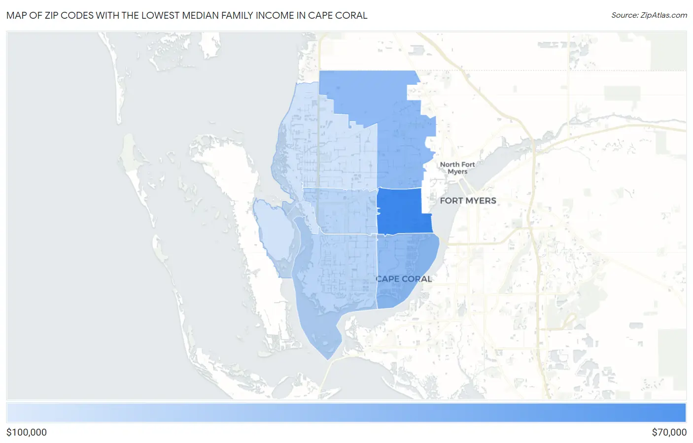 Zip Codes with the Lowest Median Family Income in Cape Coral Map