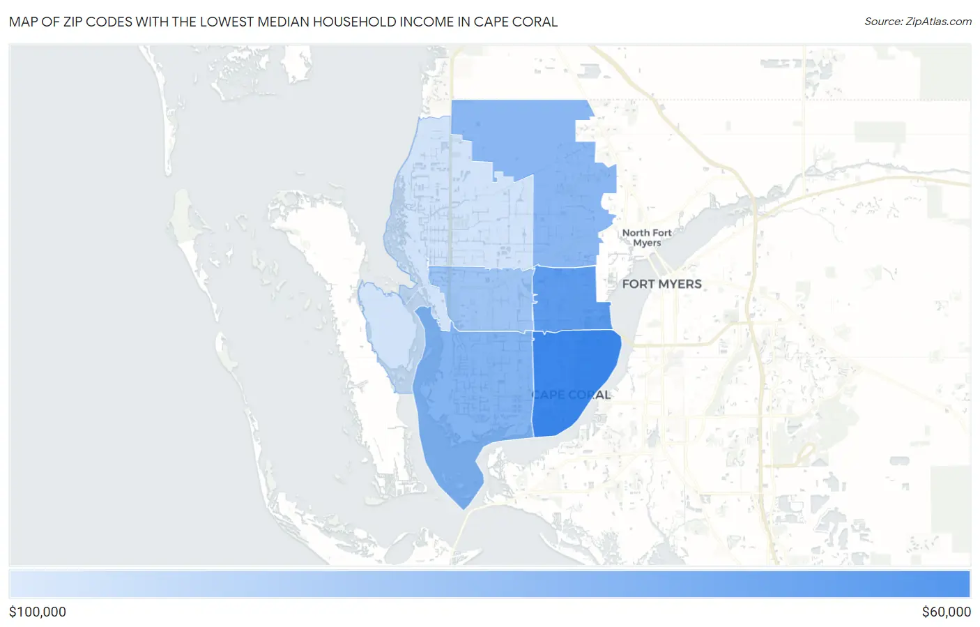 Zip Codes with the Lowest Median Household Income in Cape Coral Map