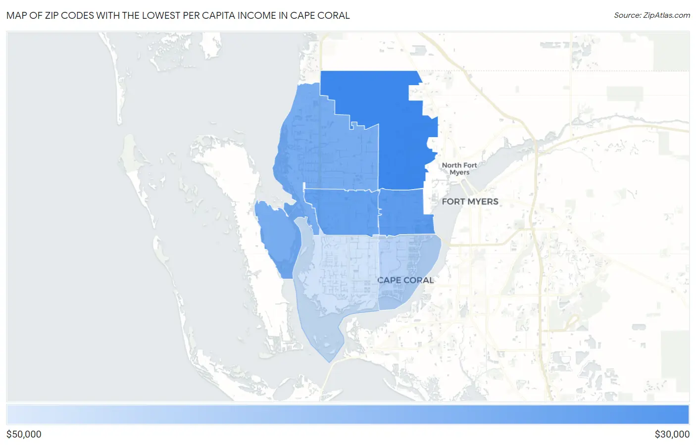 Zip Codes with the Lowest Per Capita Income in Cape Coral Map
