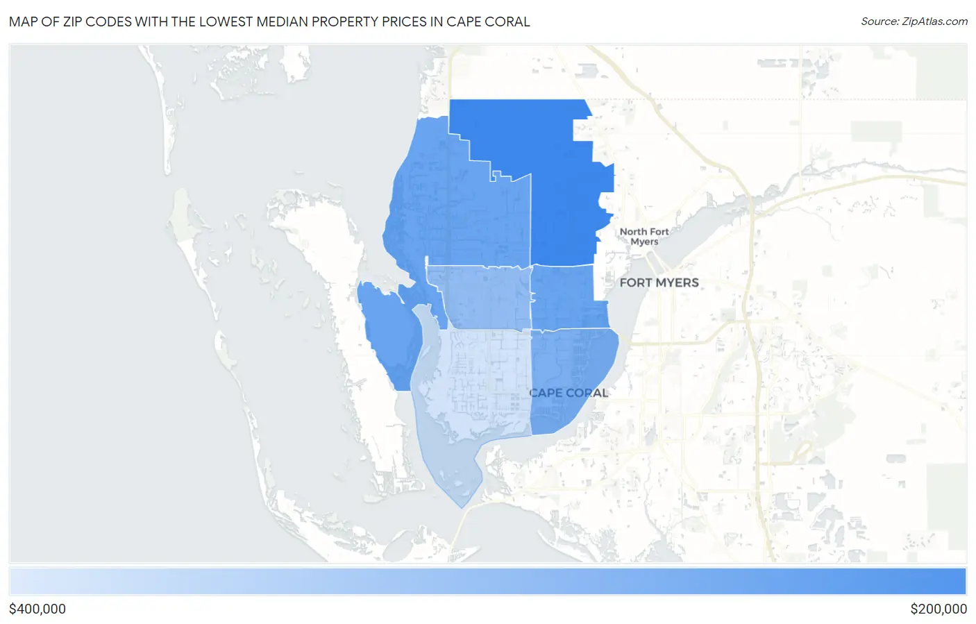 Zip Codes with the Lowest Median Property Prices in Cape Coral Map