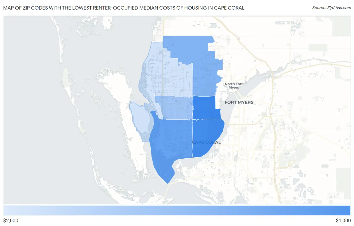 Zip Codes with the Lowest Renter-Occupied Median Costs of Housing in Cape Coral Map