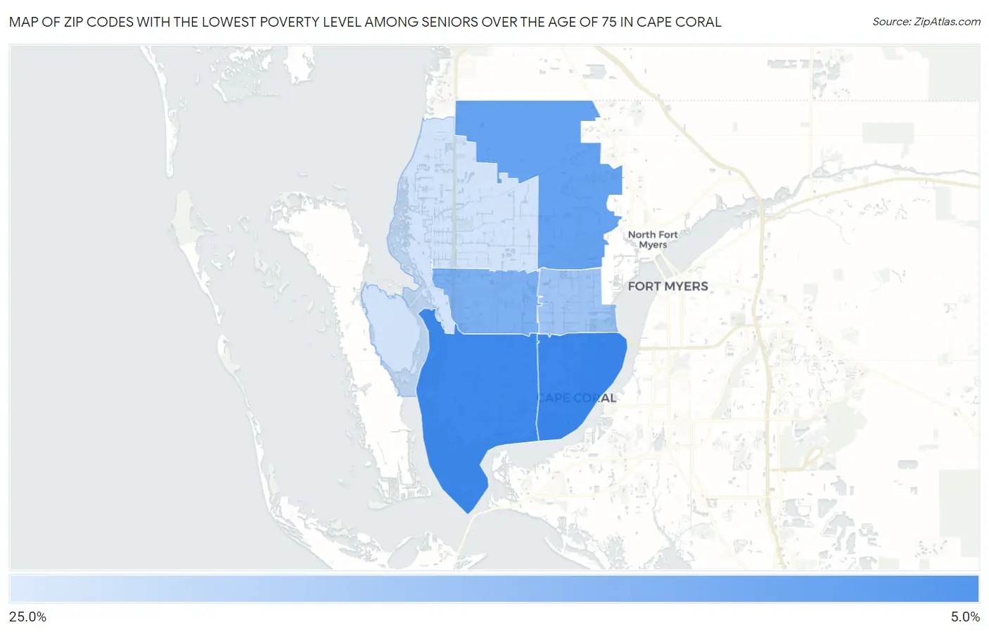 Zip Codes with the Lowest Poverty Level Among Seniors Over the Age of 75 in Cape Coral Map