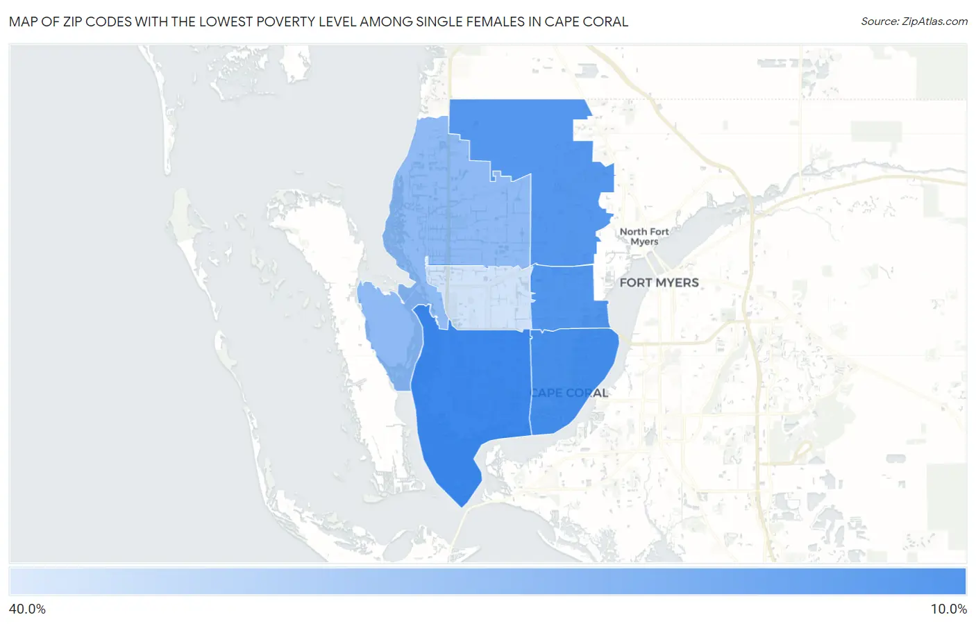 Zip Codes with the Lowest Poverty Level Among Single Females in Cape Coral Map