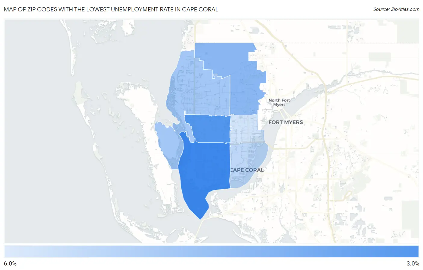 Zip Codes with the Lowest Unemployment Rate in Cape Coral Map