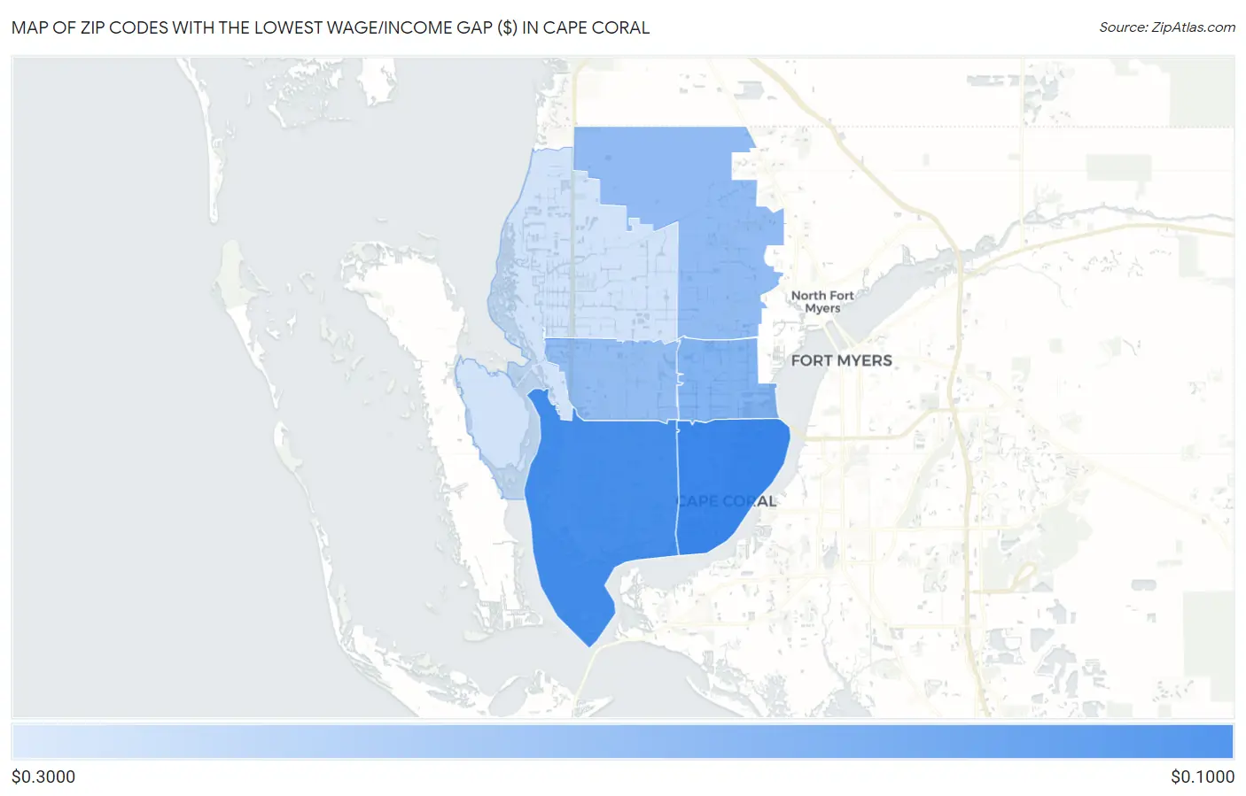 Zip Codes with the Lowest Wage/Income Gap ($) in Cape Coral Map