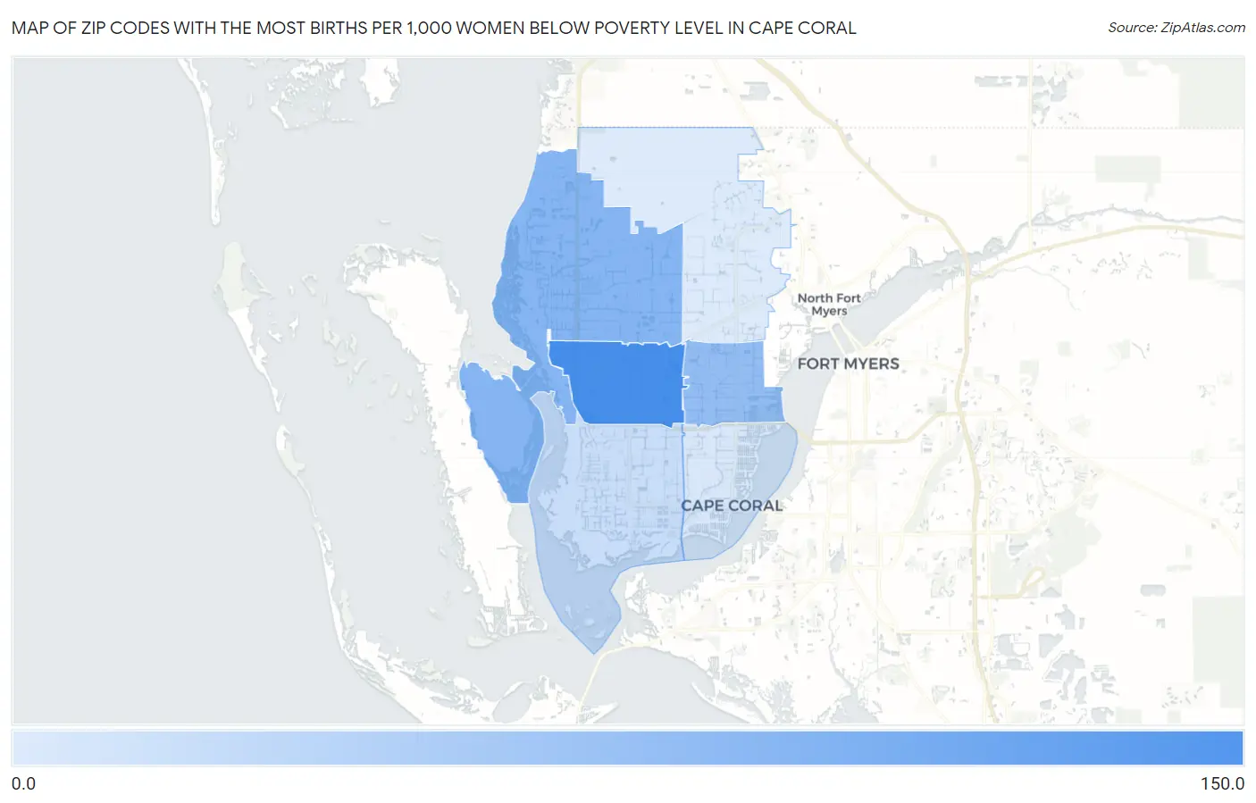 Zip Codes with the Most Births per 1,000 Women Below Poverty Level in Cape Coral Map