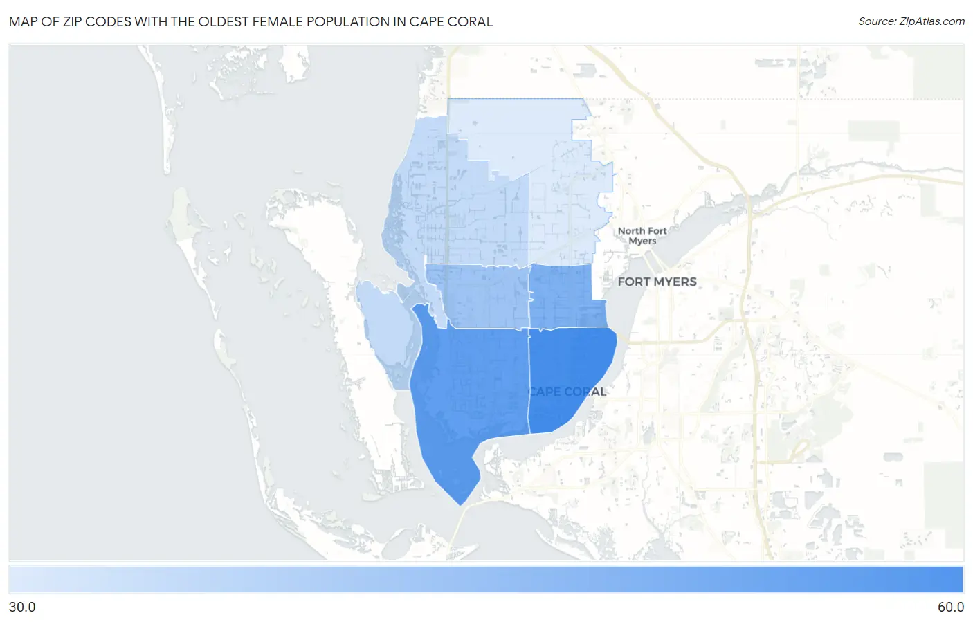 Zip Codes with the Oldest Female Population in Cape Coral Map