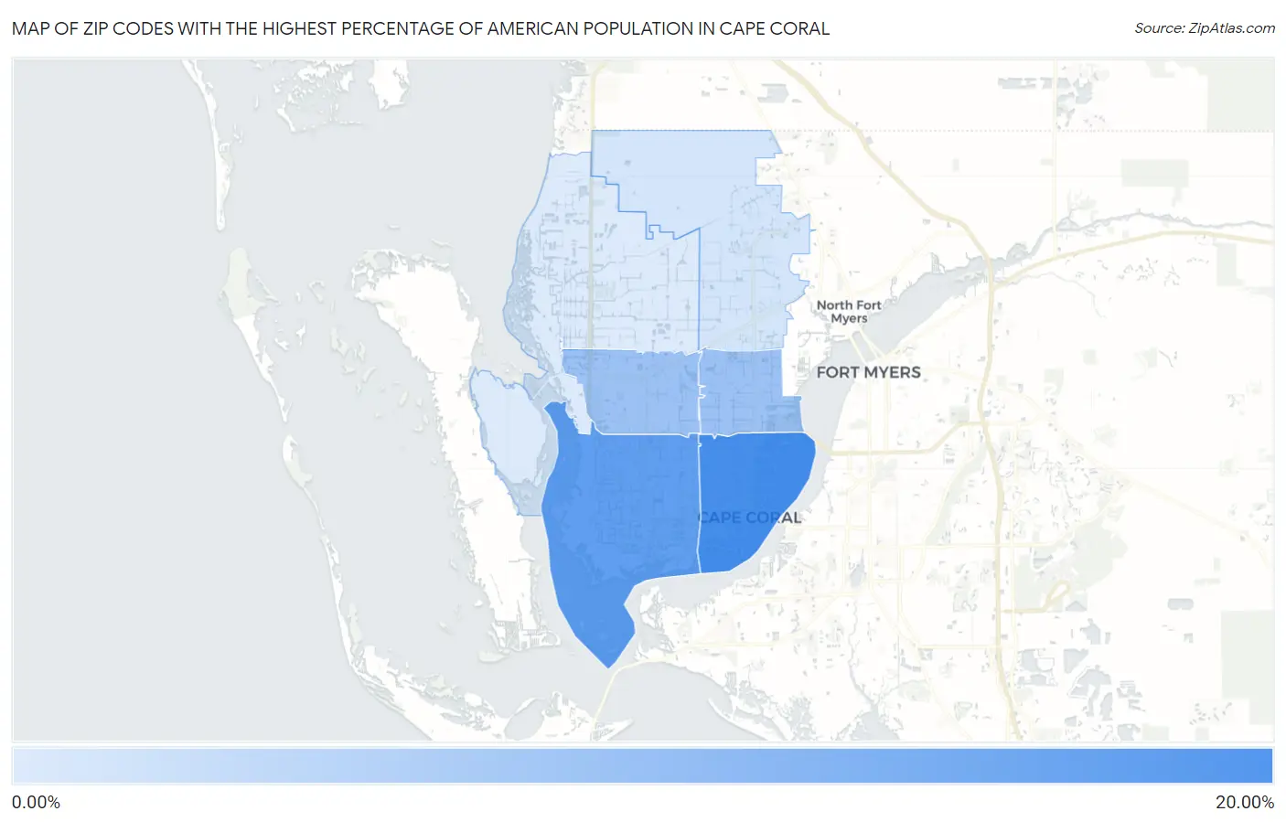 Zip Codes with the Highest Percentage of American Population in Cape Coral Map